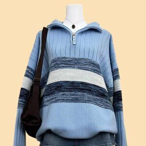 baby blue striped y2k Southpole chunky knit quarter zip sweater